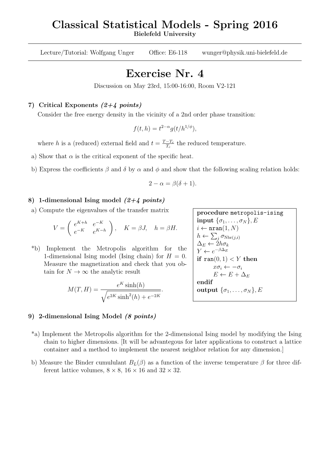 Classical Statistical Models - Spring 2016 Bielefeld University