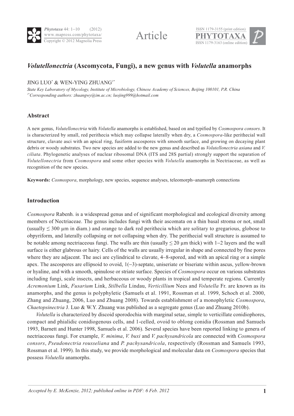 Article PHYTOTAXA Copyright © 2012 Magnolia Press ISSN 1179-3163 (Online Edition)