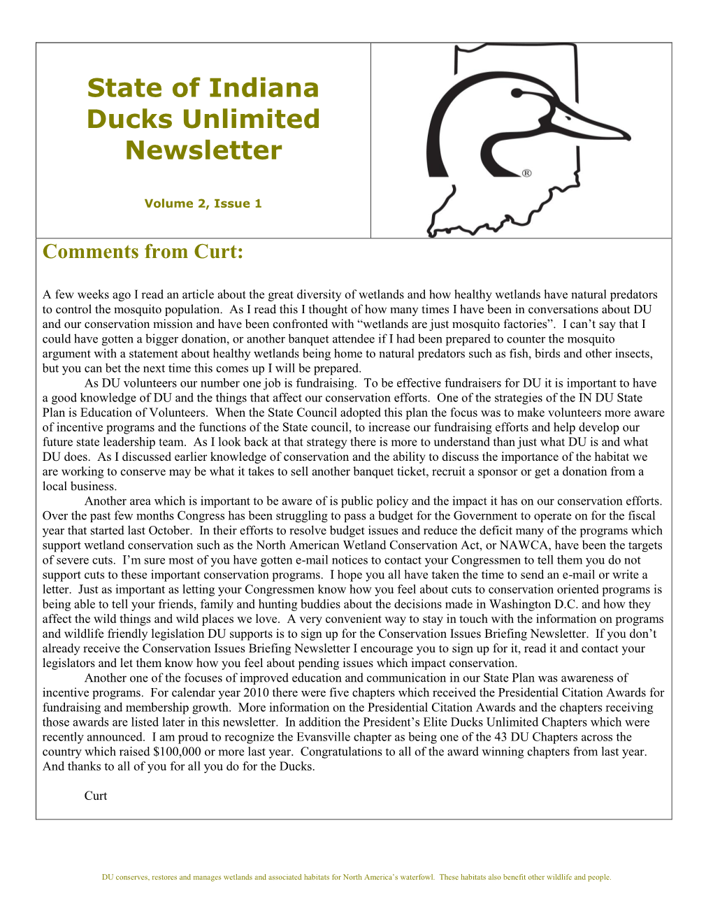 State of Indiana Ducks Unlimited Newsletter