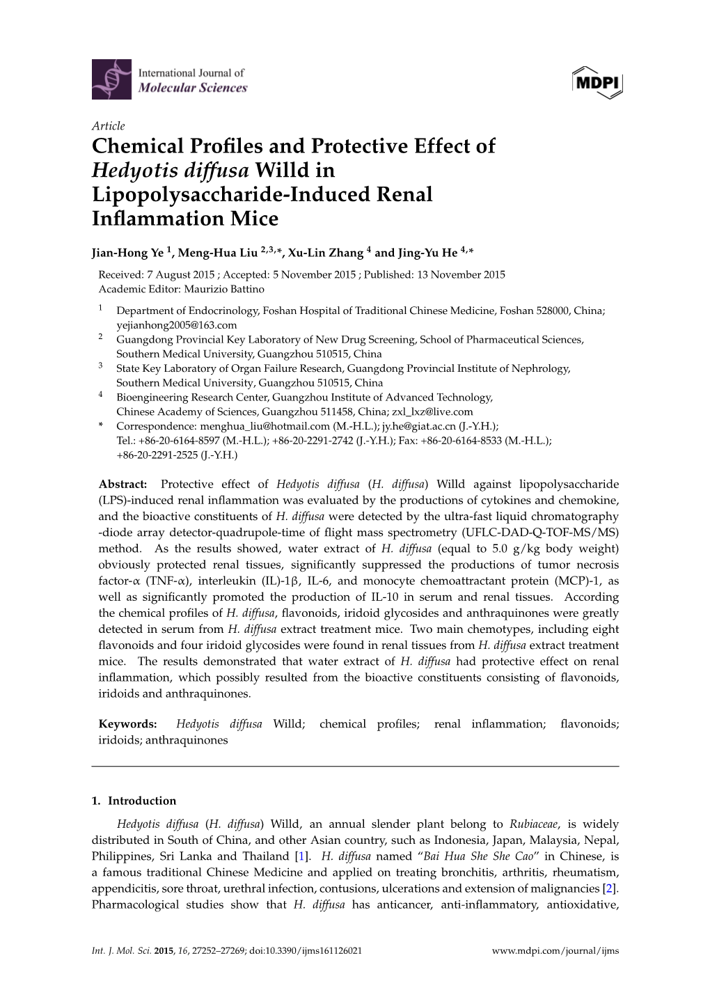 Chemical Profiles and Protective Effect of Hedyotis Diffusa Willd In