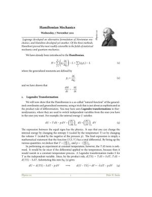 Hamiltonian Mechanics Wednesday, ß November Óþõõ