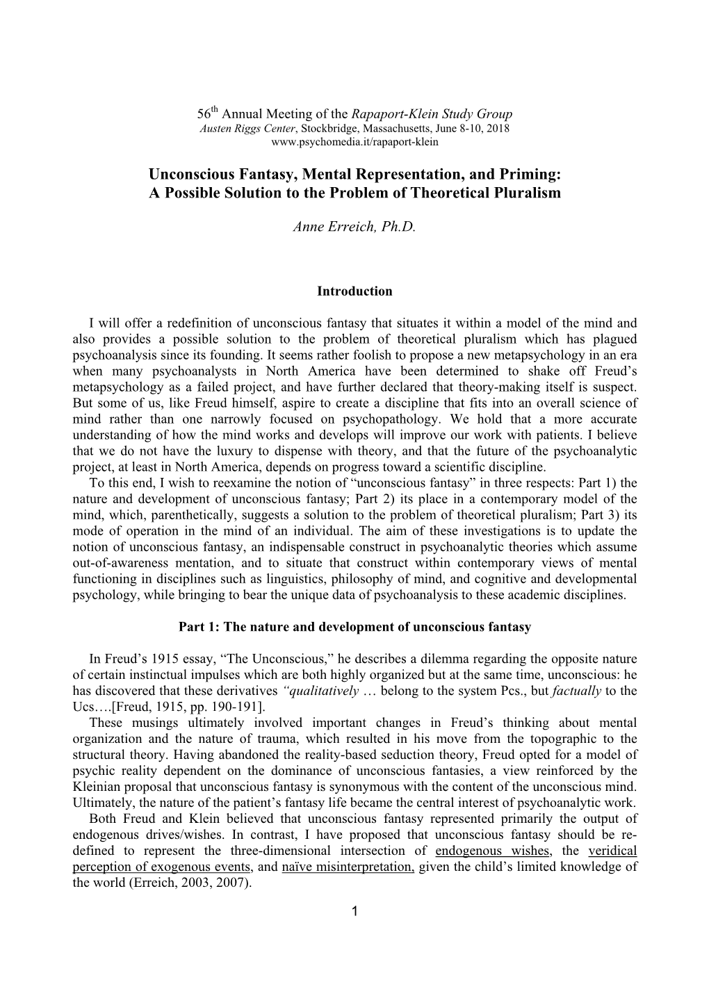 Unconscious Fantasy, Mental Representation, and Priming: a Possible Solution to the Problem of Theoretical Pluralism