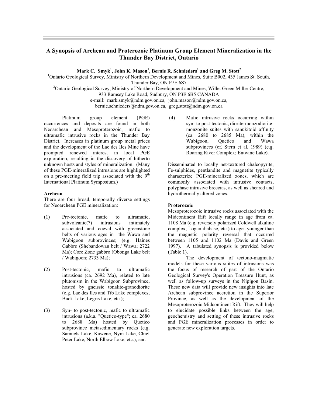 A Synopsis Of Archean And Proterozoic Platinum Group Element 