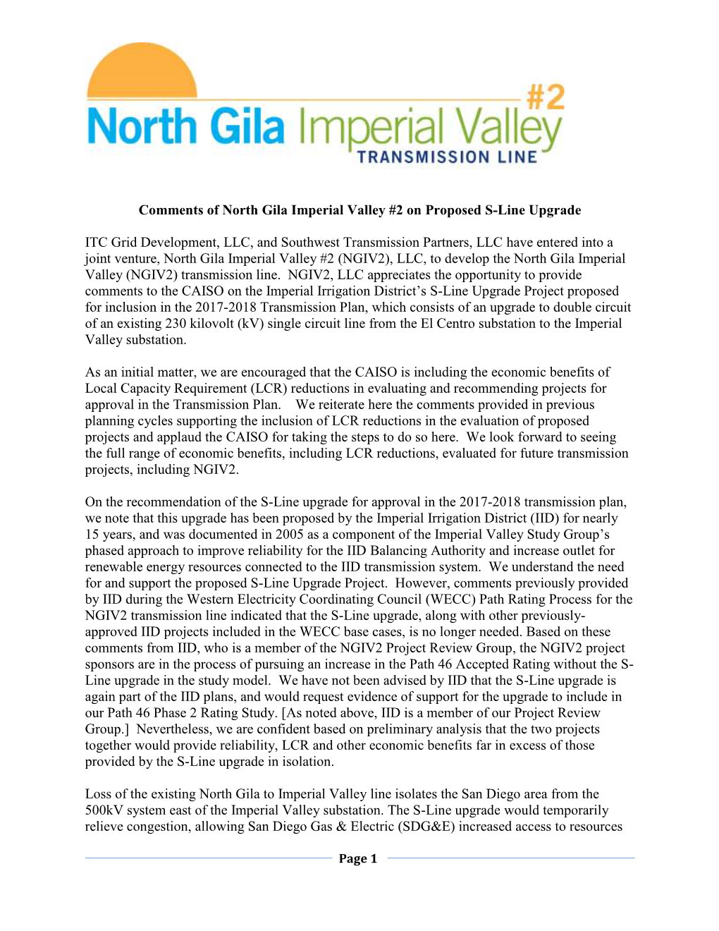 Comments of North Gila Imperial Valley #2 on Proposed S-Line Upgrade