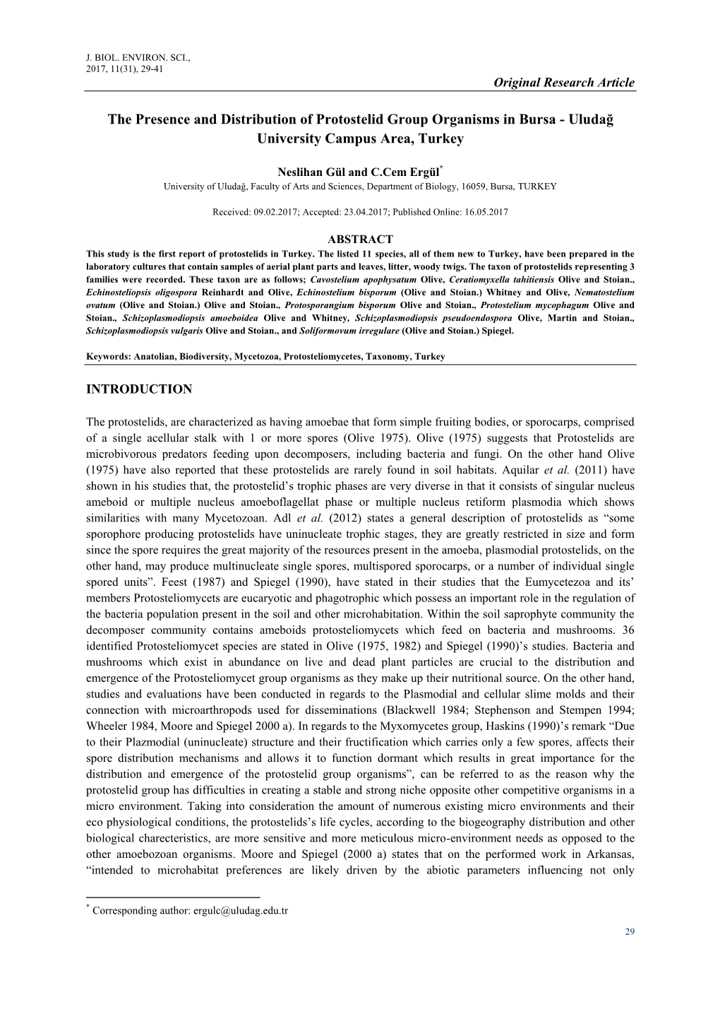 The Presence and Distribution of Protostelid Group Organisms in Bursa - Uludağ University Campus Area, Turkey