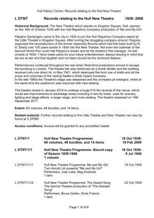 L DTNT Records Relating to the Hull New Theatre 1939- 2008
