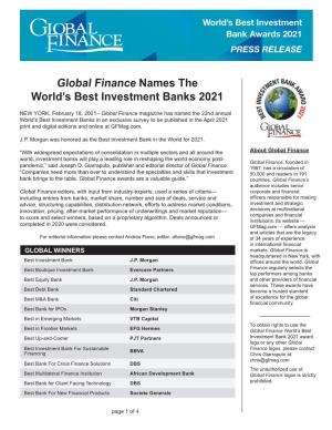 Global Finance Names the World's Best Investment Banks 2021