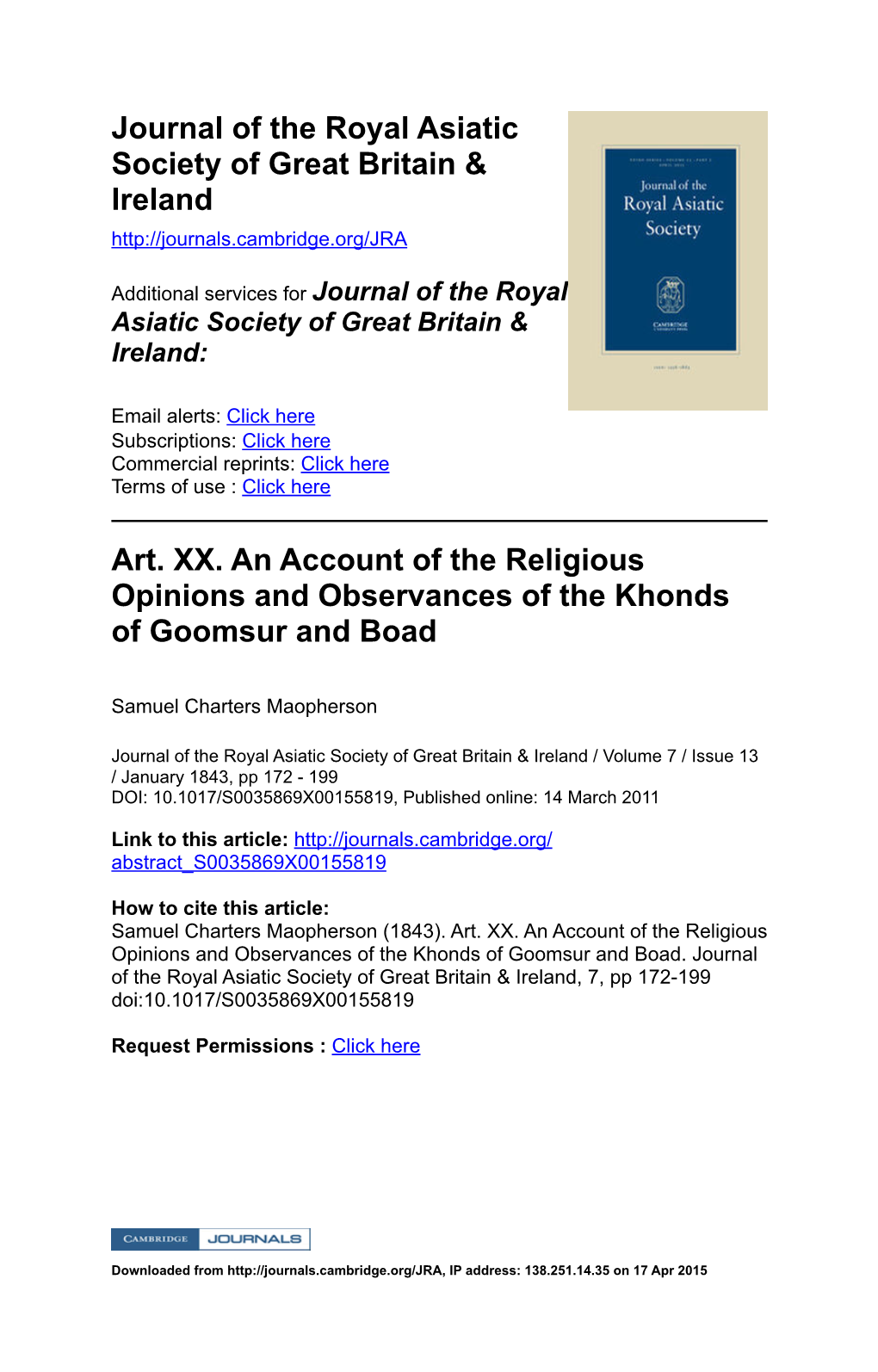 Art. XX. an Account of the Religious Opinions and Observances of the Khonds of Goomsur and Boad