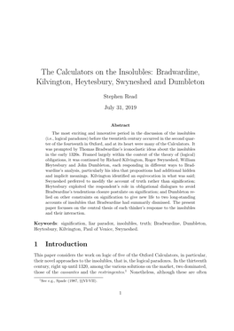 The Calculators on the Insolubles: Bradwardine, Kilvington, Heytesbury, Swyneshed and Dumbleton