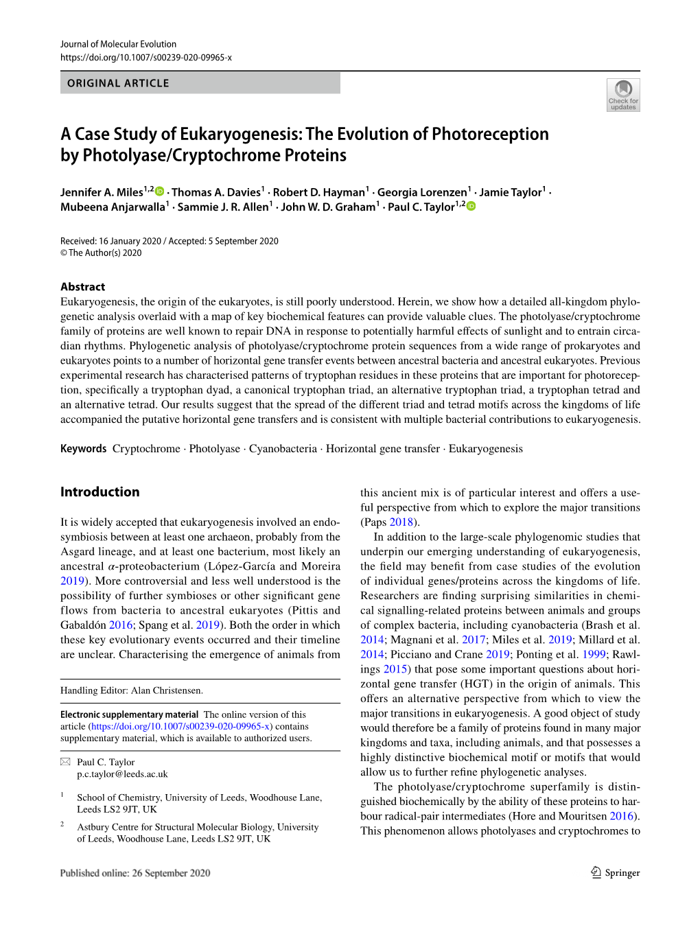 The Evolution of Photoreception by Photolyase/Cryptochrome Proteins
