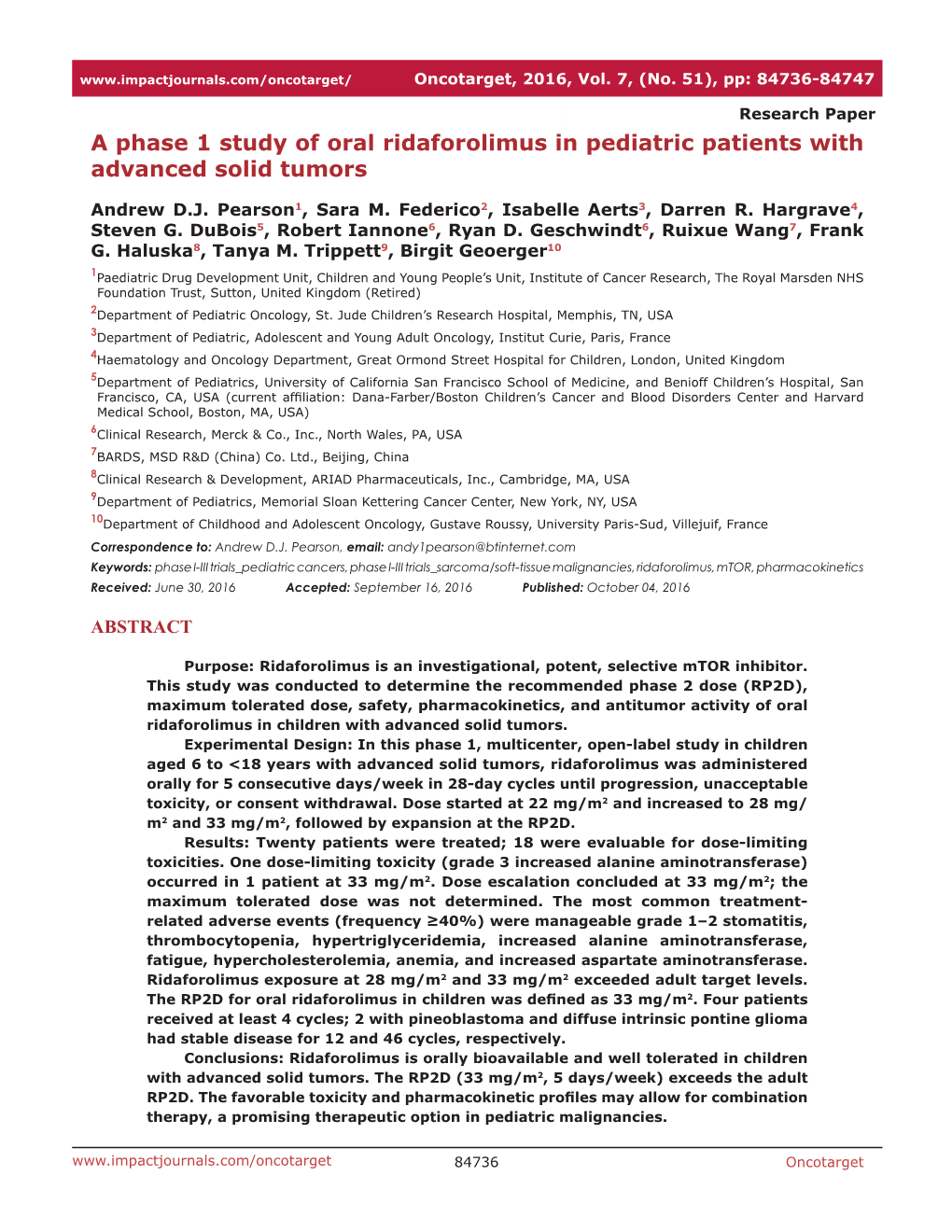 A Phase 1 Study of Oral Ridaforolimus in Pediatric Patients with Advanced Solid Tumors