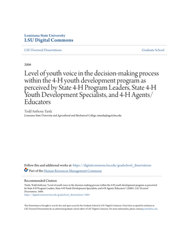 Level of Youth Voice in the Decision-Making Process Within the 4-H Youth Development Program As Perceived by State 4-H Program L