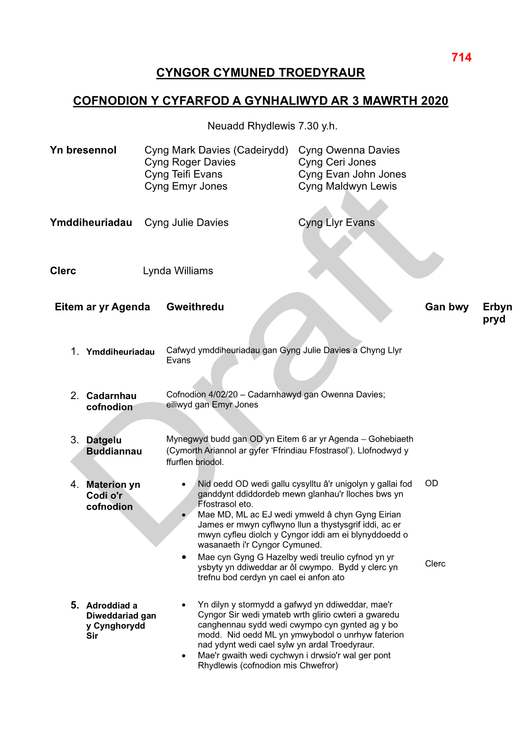 714 Cyngor Cymuned Troedyraur Cofnodion Y Cyfarfod a Gynhaliwyd Ar 3 Mawrth 2020