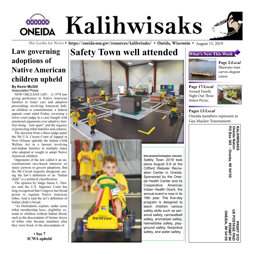 August 15, 2019 What’S New This Week What’S Page 17/ Pages 13/Local at Represent Members Oneida Tournament