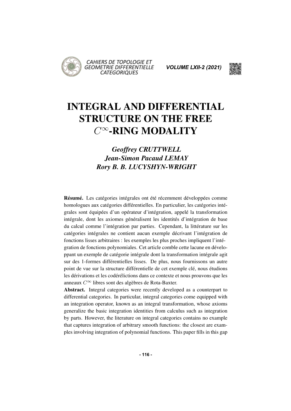 Integral and Differential Structure on the Free C∞-Ring Modality