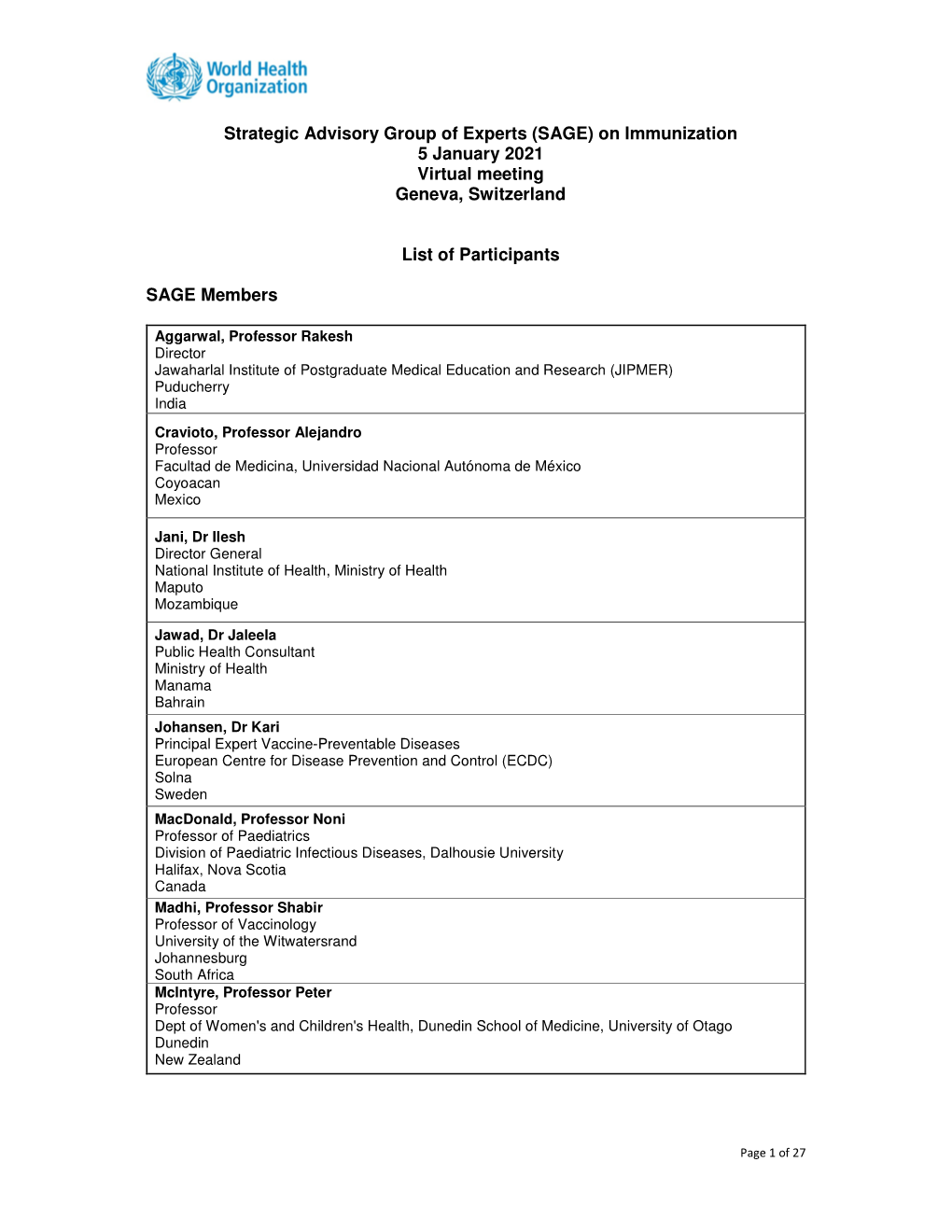 (SAGE) on Immunization 5 January 2021 Virtual Meeting Geneva, Switzerland