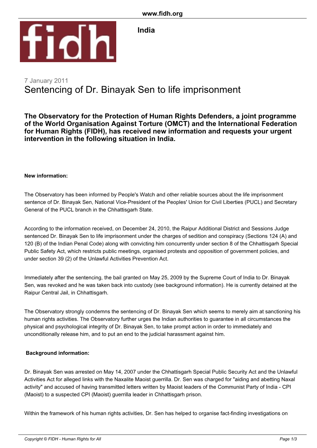 Sentencing of Dr. Binayak Sen to Life Imprisonment