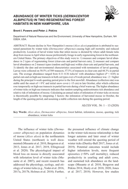 Dermacentor Albipictus) in Two Regenerating Forest Habitats in New Hampshire, Usa