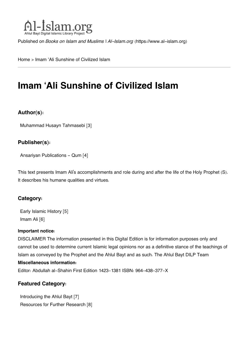 Imam 'Ali Sunshine of Civilized Islam