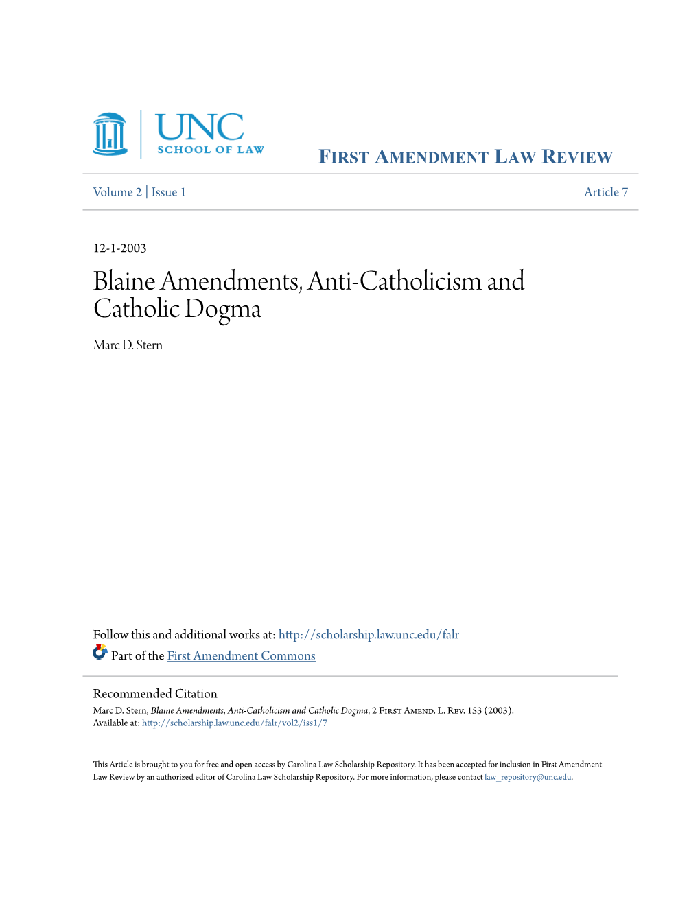 Blaine Amendments, Anti-Catholicism and Catholic Dogma Marc D