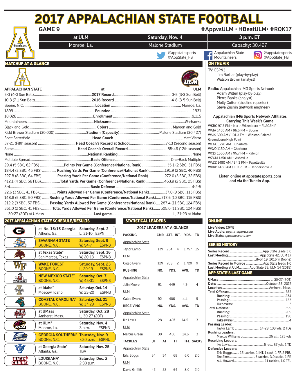 2017 APPALACHIAN STATE FOOTBALL GAME 9 #Appvsulm • #Beatulm• #RQK17 at ULM Saturday, Nov