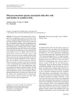 Phaeoacremonium Species Associated with Olive Wilt and Decline in Southern Italy