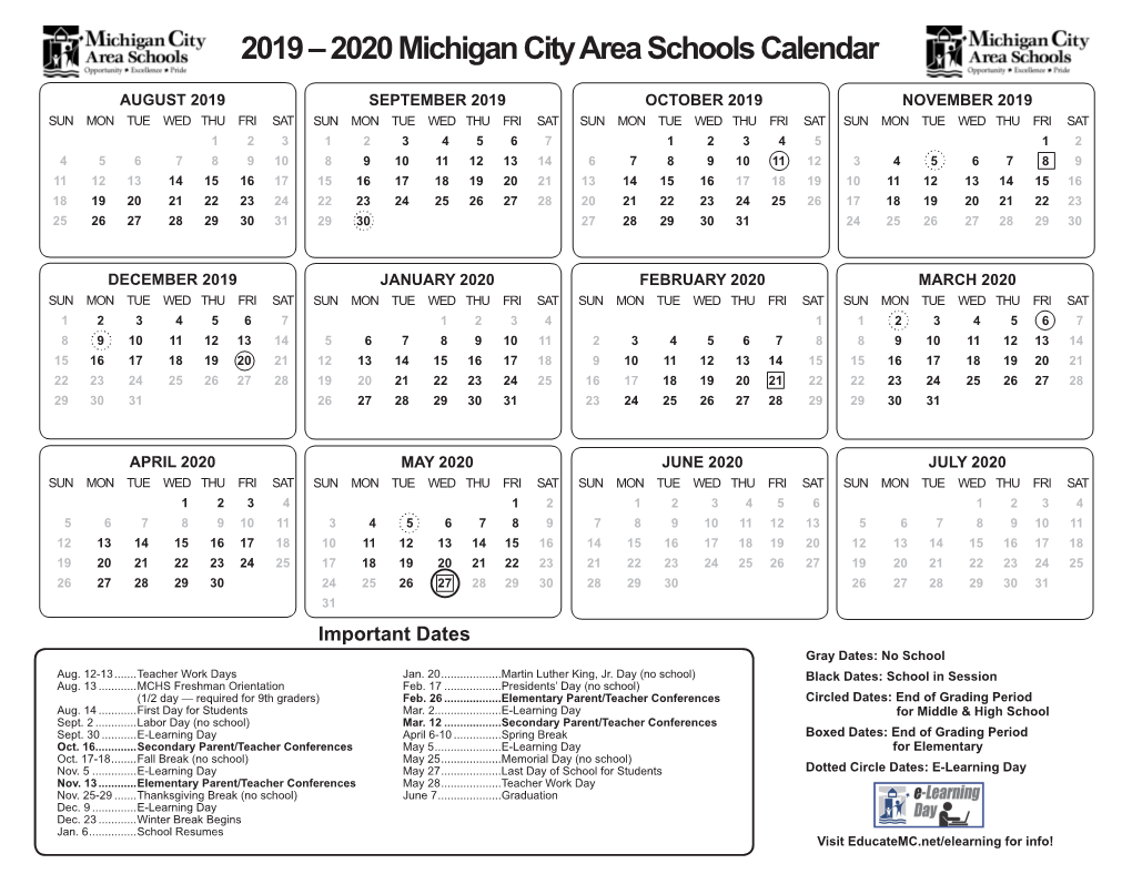 2019 – 2020 Michigan City Area Schools Calendar