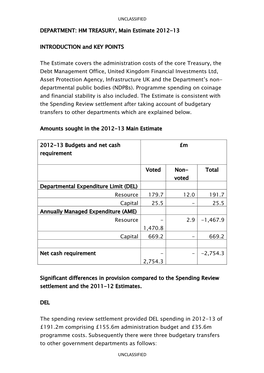 DEPARTMENT: HM TREASURY, Main Estimate 2012-13