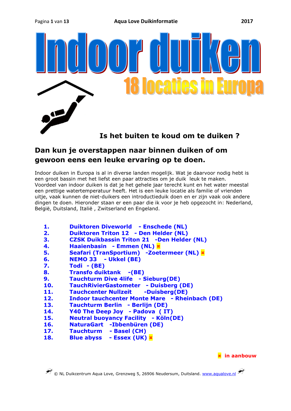 PDF AQUA LOVE Duikinformatie Over Indoor Duiken in Europa (2017)