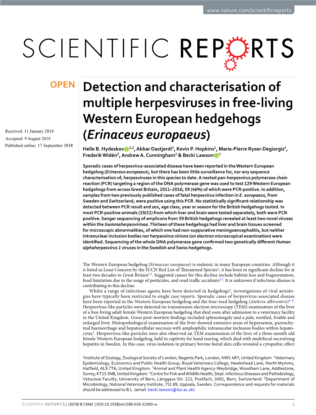 Detection and Characterisation of Multiple Herpesviruses in Free-Living Western European Hedgehogs