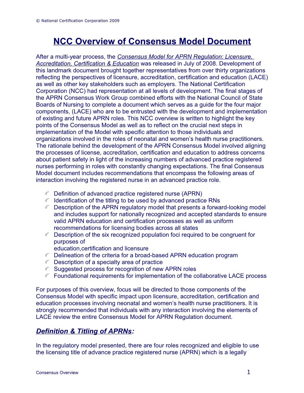 NCC Overview Of Consensus Model Document