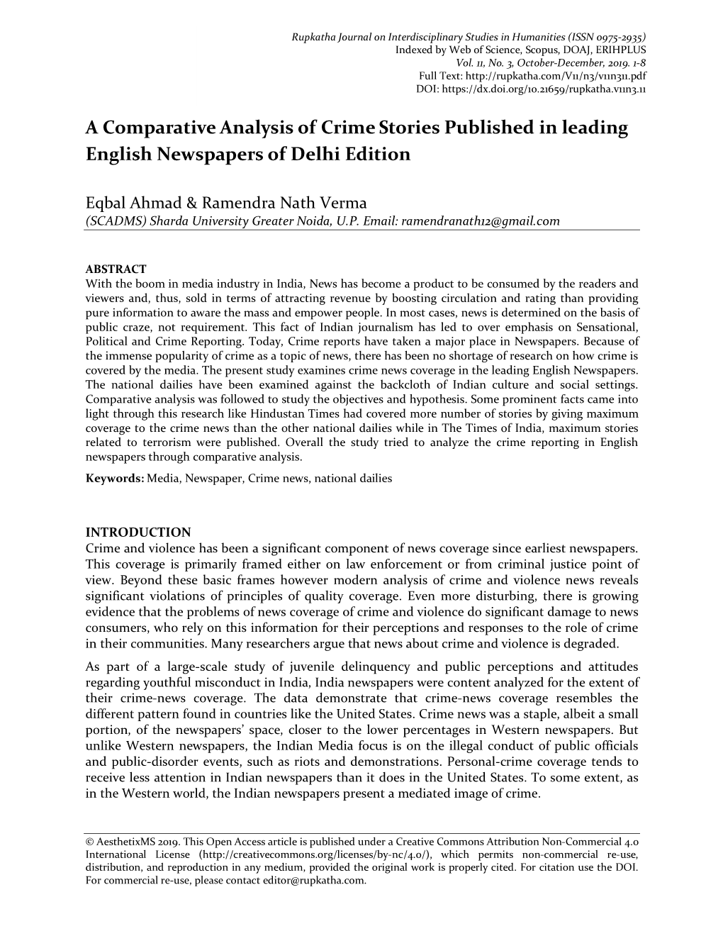 A Comparative Analysis of Crime Stories Published in Leading English Newspapers of Delhi Edition