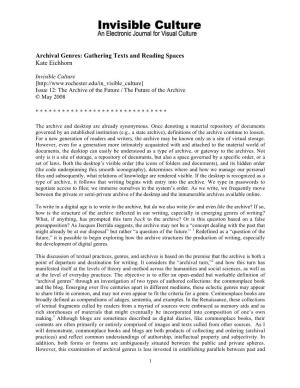 Archival Genres: Gathering Texts and Reading Spaces Kate Eichhorn