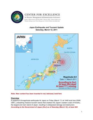 Japan Earthquake and Tsunami Update Saturday, March 12, 2011