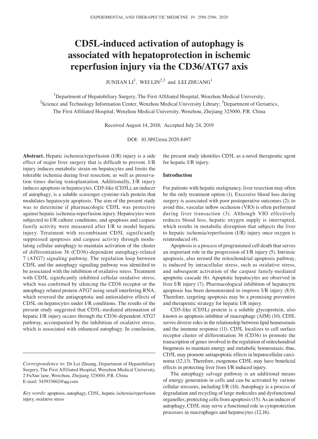 CD5L‑Induced Activation of Autophagy Is Associated with Hepatoprotection in Ischemic Reperfusion Injury Via the CD36/ATG7 Axis