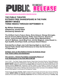 The Public Theater Extends Free Shakespeare in the Park Merry Wives Three Weeks Through September 18