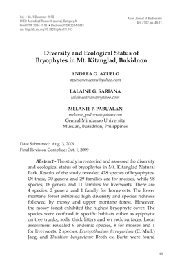Diversity and Ecological Status of Bryophytes in Mt. Kitanglad, Bukidnon
