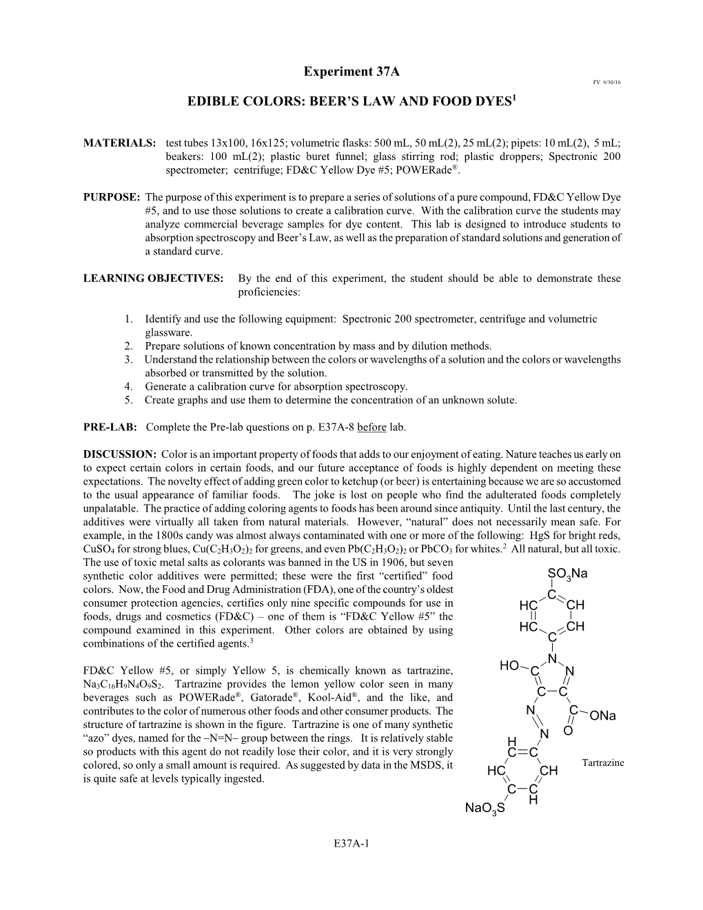 Edible Colors: Beer's Law and Food Dyes1