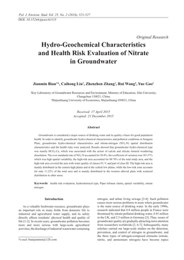 Hydro-Geochemical Characteristics and Health Risk Evaluation of Nitrate in Groundwater