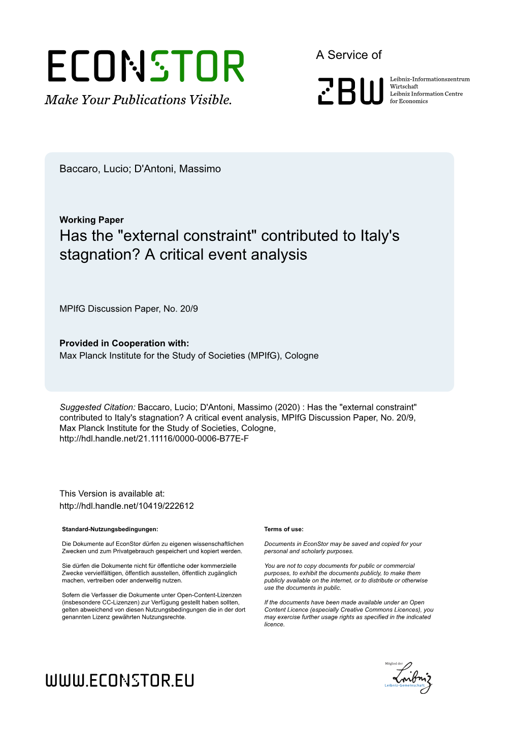 External Constraint" Contributed to Italy's Stagnation? a Critical Event Analysis