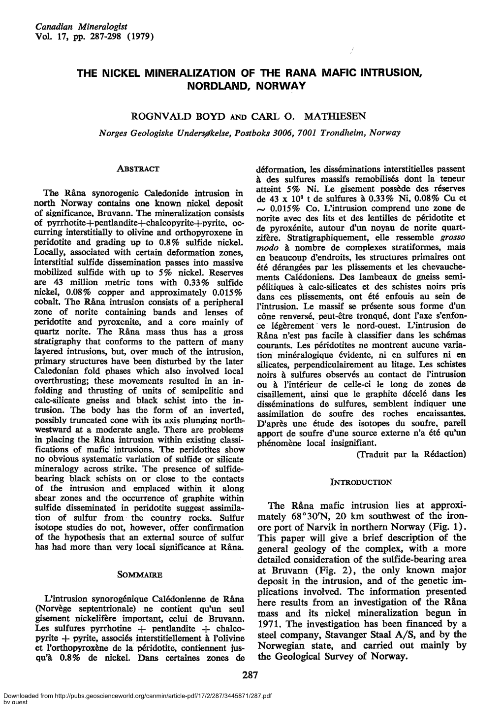 The Nickel Mineralization of the Rana Mafic Intrusion, Nordland, Norway