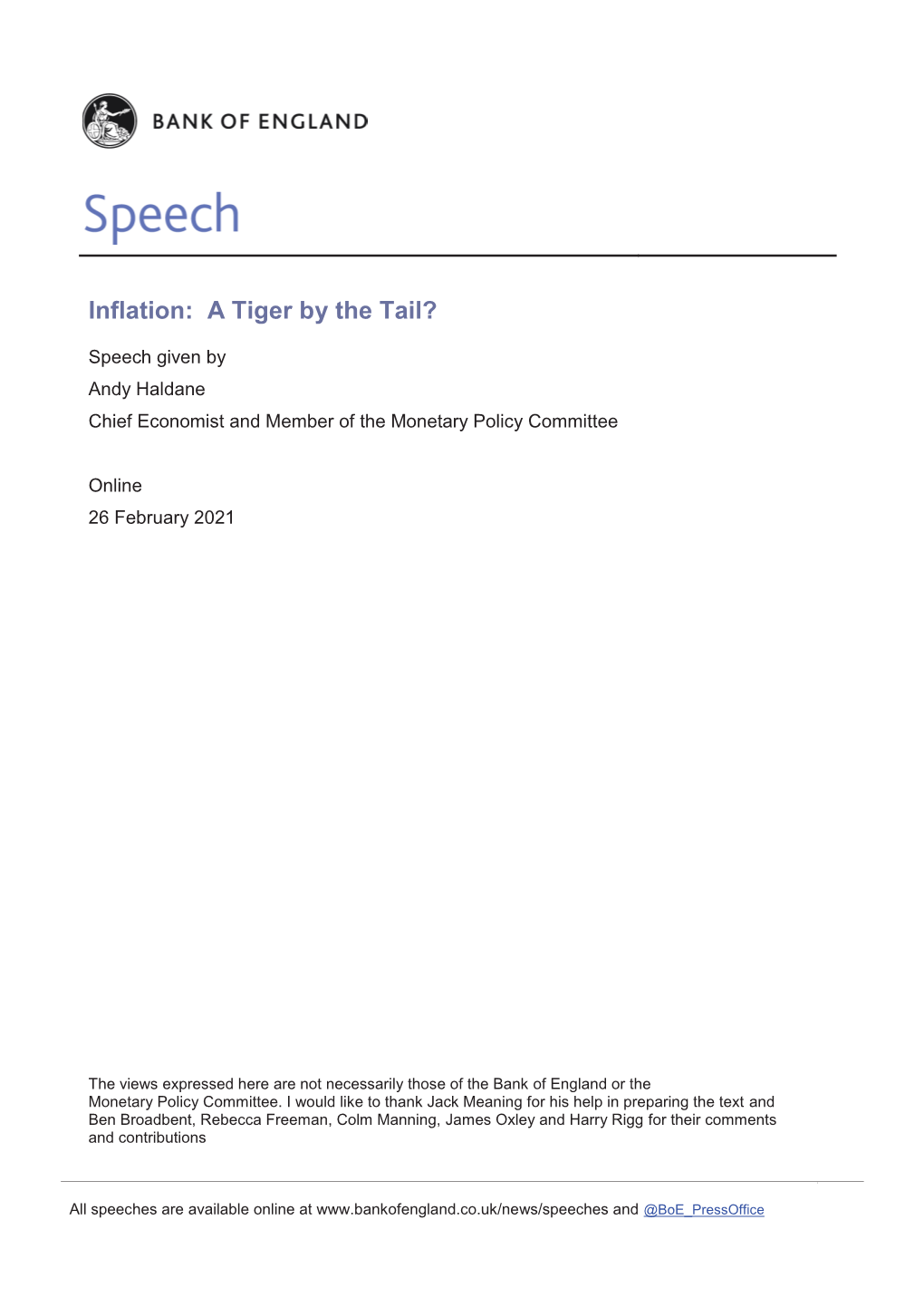 Pre-Recorded Speech Given in House by Andy Haldane on Friday 26