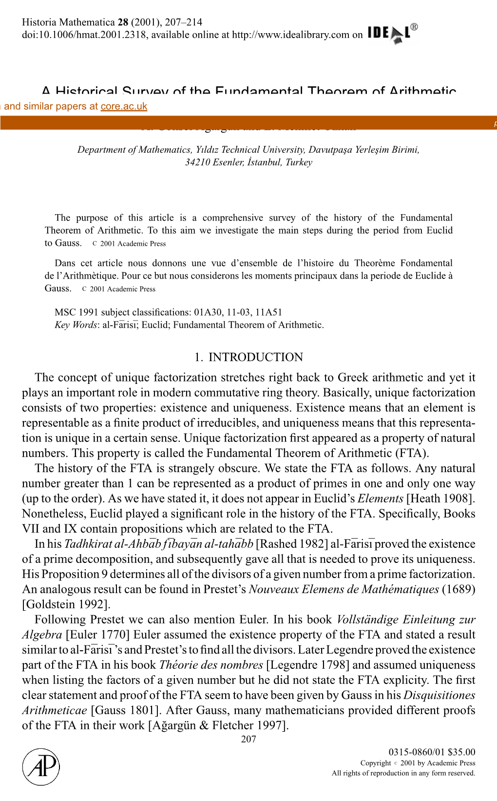 A Historical Survey of the Fundamental Theorem of Arithmetic View Metadata, Citation and Similar Papers at Core.Ac.Uk Brought to You by CORE A