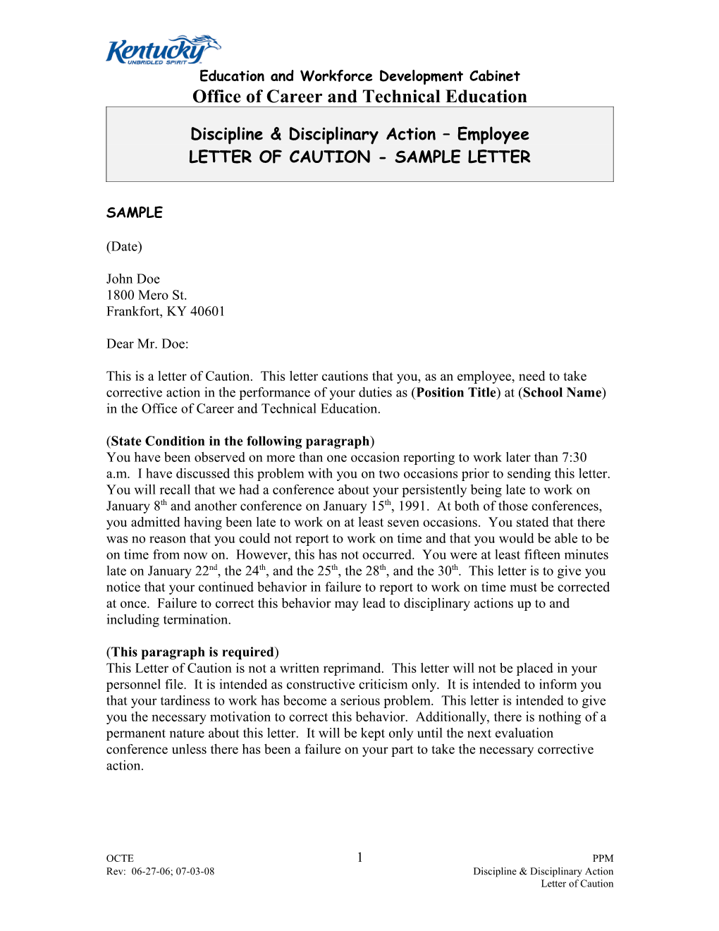 Discipline Employee Letter Of Caution 151B