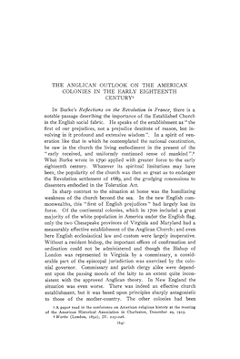 THE ANGLICAN Oljtlook on the AMERICAN COLONIES in the EARLY EIGHTEENTH Centuryl