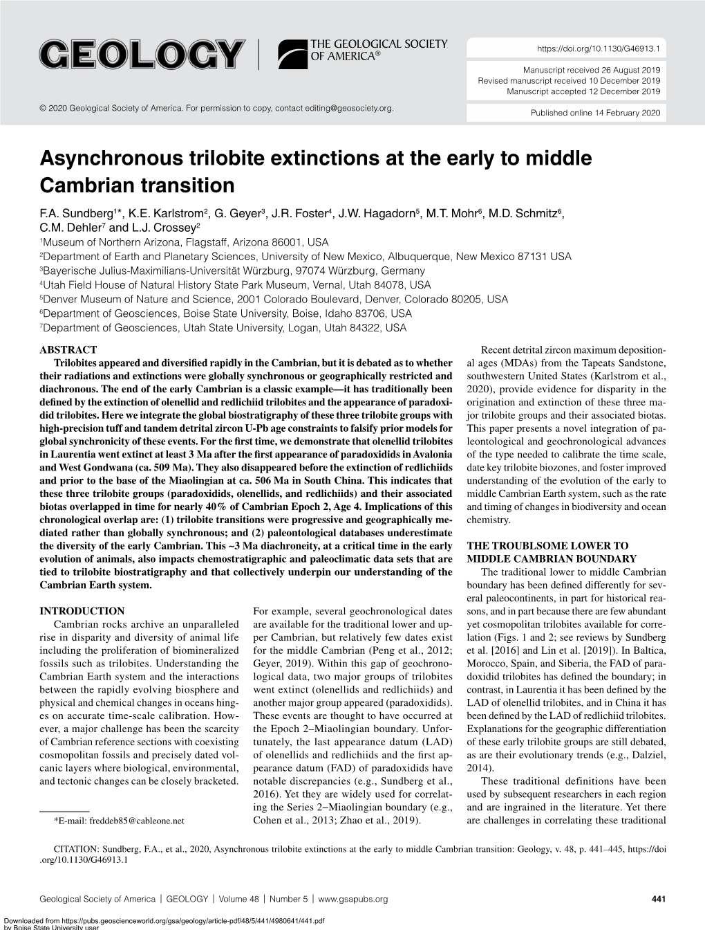 Asynchronous Trilobite Extinctions at the Early to Middle Cambrian Transition F.A