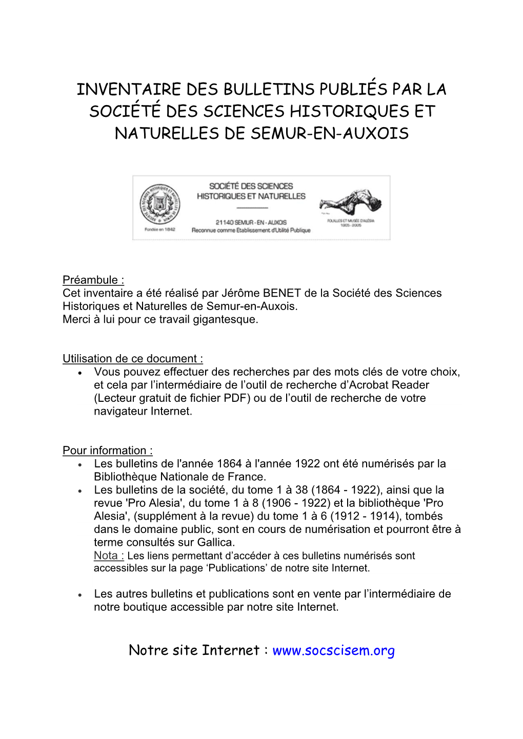 Inventaire Des Bulletins Publiés Par La Société Des Sciences Historiques Et Naturelles De Semur-En-Auxois