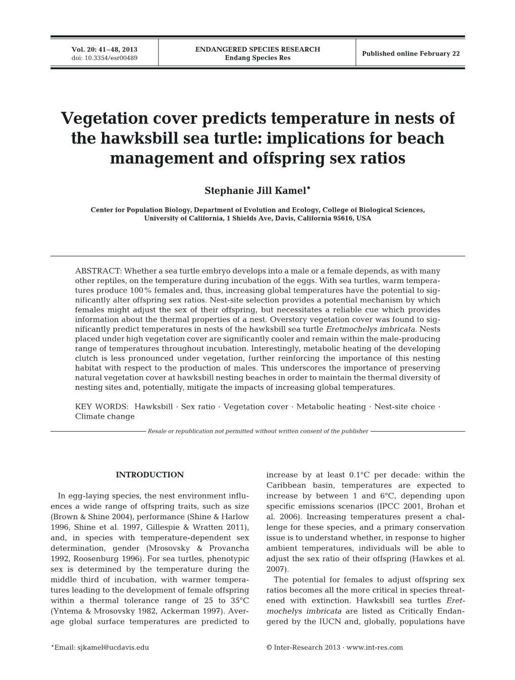 Vegetation Cover Predicts Temperature in Nests of the Hawksbill Sea Turtle: Implications for Beach Management and Offspring Sex Ratios