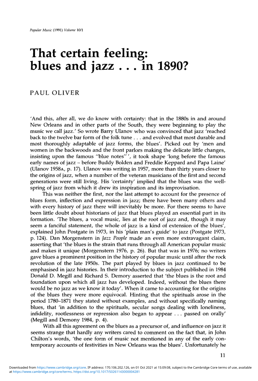 That Certain Feeling: Blues and Jazz … in 1890?