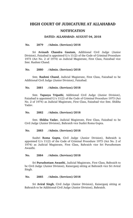 High Court of Judicature at Allahabad Notification Dated: Allahabad: August 04, 2018